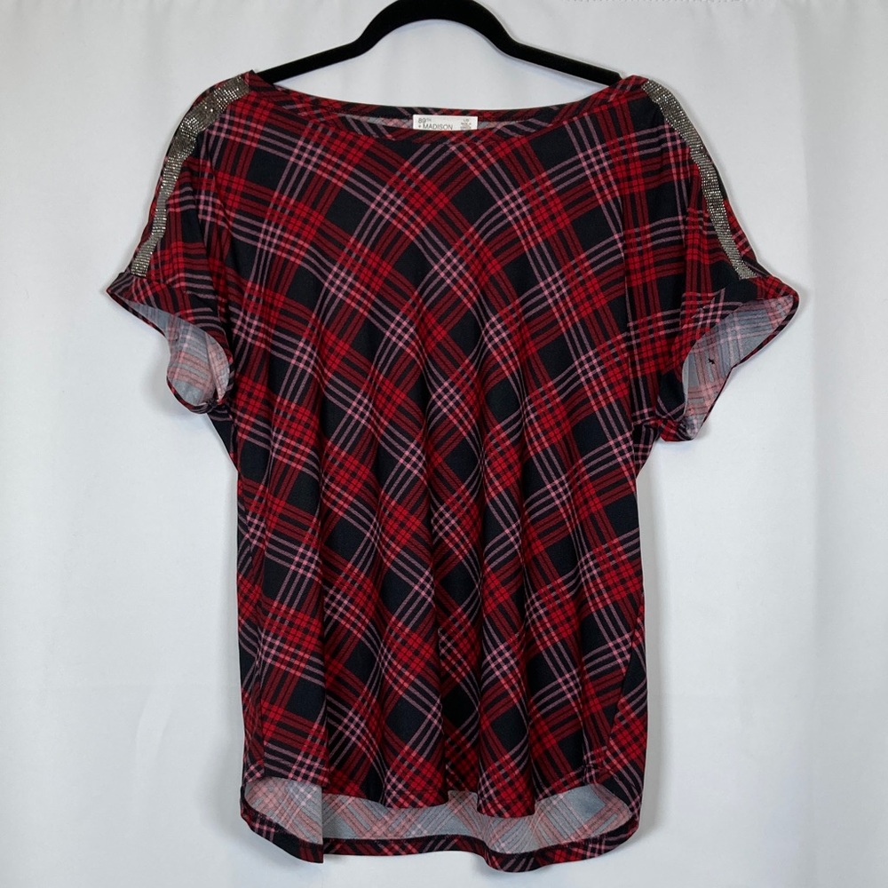 89th + Madison Plaid Red and Black Women's Top Rhinestone Shoulder Embellishment
